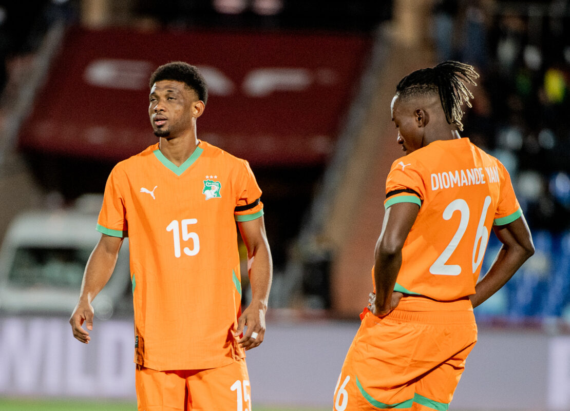 MARRAKECH, MOROCCO - DECEMBER 28: Amad Diallo and Yann Diomande of Ivory Coast during the Africa Cup Of Nations, Group F match between Côte d'Ivoire and Cameroon at Stade de Marrakech on December 28, 2025 in Marrakech, Morocco. (Photo by Mahugnon Leopold Soglo/Gallo Images)