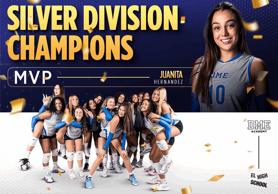 DME Academy volleyball team celebrates winning the Silver Division Championship in Puerto Rico, featuring MVP Juanita Hernandez.
